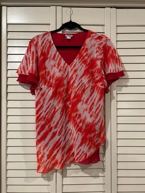 Standard USA Tie-Dye Red & White V-Neck Flutter Sleeve Blouse Size 1XL
